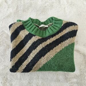 Green and Black Striped Mohair Blend Sweater Made In Italy By Nikolai Small